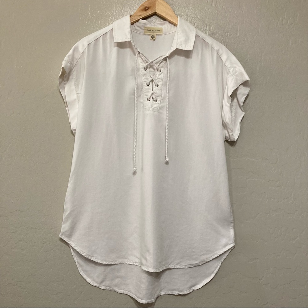 Women’s Cloth & Stone High Low Criss Cross Tie Short Sleeve Shirt Size Medium